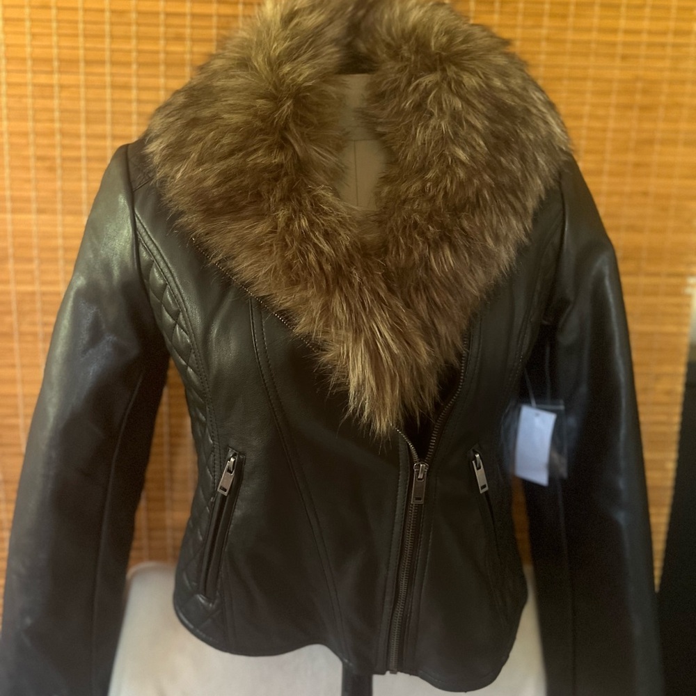 Stylish Black Super Soft Faux Leather Jacket with a Faux Fur Collar. Brand New!